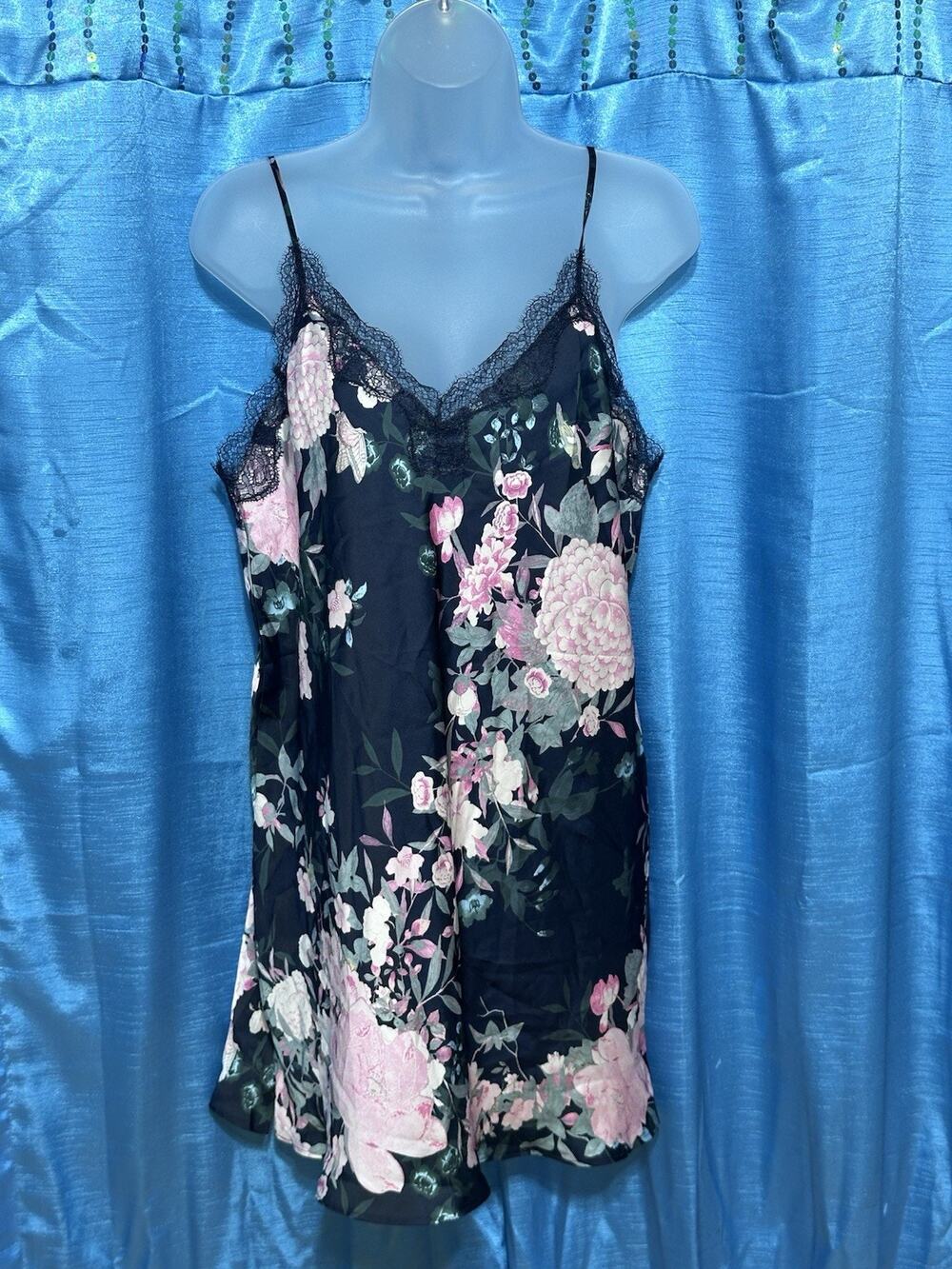 Victorias Secret Floral Satin Lace Trim Slip Dress Nightgown Chemise L Navy Pink